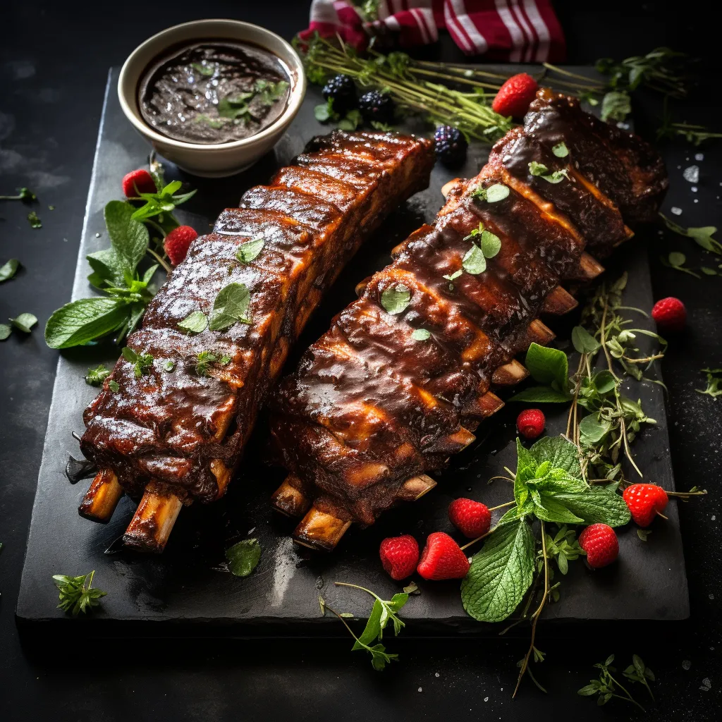 A platter of grilled ribs, glazed with barbecue sauce, beautifully caramelized, and garnished with fresh herbs.