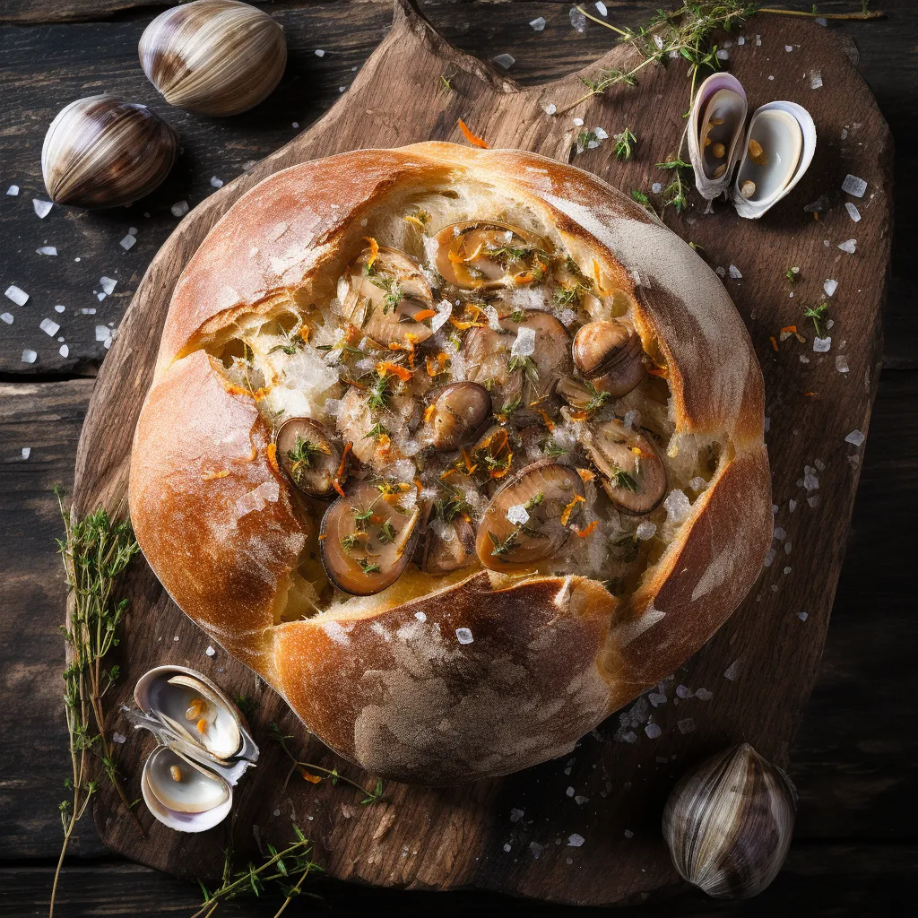 Viewed from above, the glossy, golden-brown bread loaf is sat on a rustic wooden board. Upon slicing, beautifully dispersed clams reveal themselves amidst the fluffy bread interior, with a sprinkle of dried herbs and sea salt crystals glittering atop.