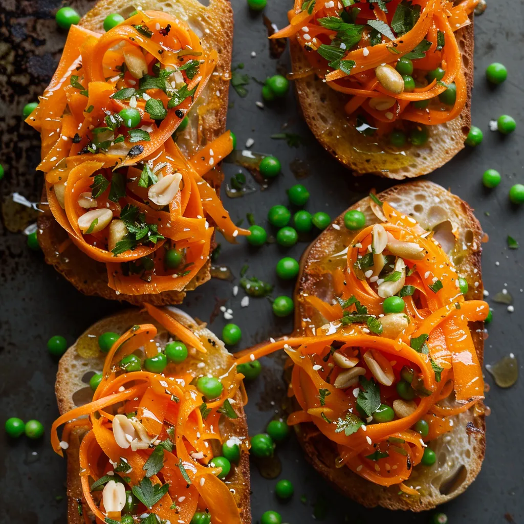 Gleaming orange carrot ribbons dance across the surface of golden toasted bruschetta, pepper-flecked and studded with droplets of honey-peanut glaze. Textures come alive with the bed of pea mash offering a pop of green beneath the gloss.