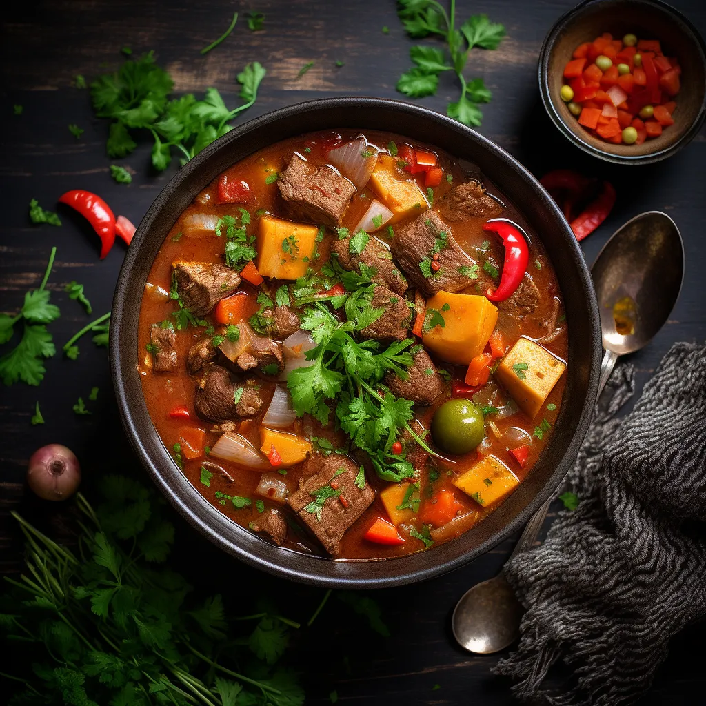 The African-Inspired Paleo Spiced Beef Stew is a rich and aromatic dish filled with tender beef, vibrant vegetables, and a thick, flavorful broth. The stew is garnished with fresh herbs for a pop of color.