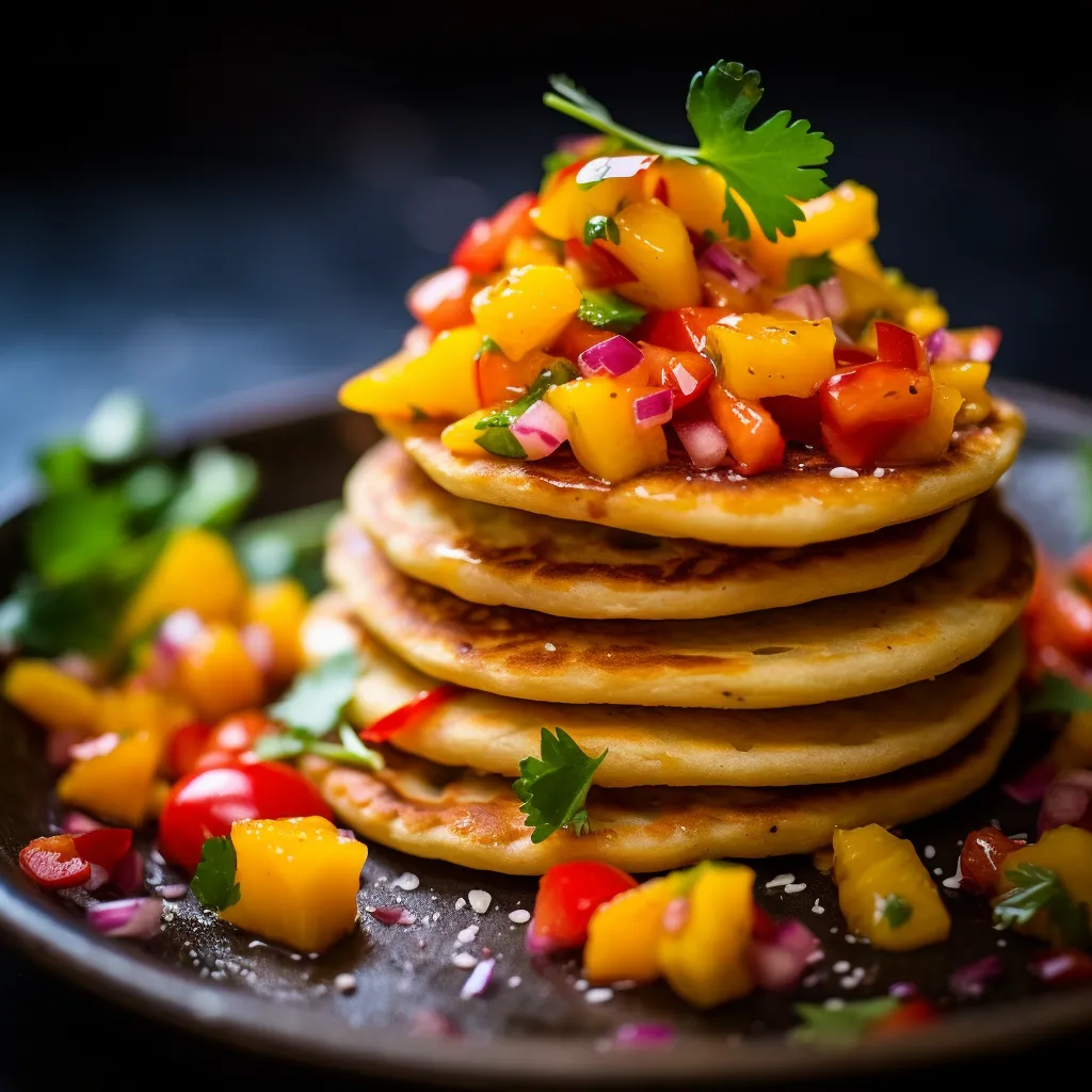 A fly's-eye view reveals miniature Injera pancakes topped with a dazzling rainbow of diced nectarine salsa - lush oranges, vivid yellows, and a little crimson from the peppers. A sprinkle of fresh coriander leaves adds a touch of lively green. All resting on an earthen-tone plate, transporting your senses straight to Africa.