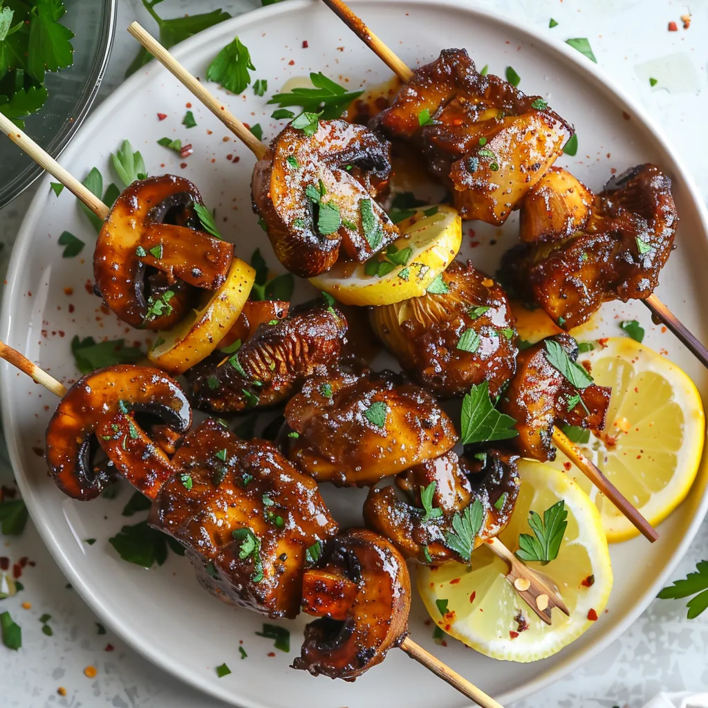 A vibrant plate of skewered golden-brown mushrooms glistening in a spicy glaze, garnished with fresh parsley sprinkles and lemon slices on the side, adding a pop of citrusy color.