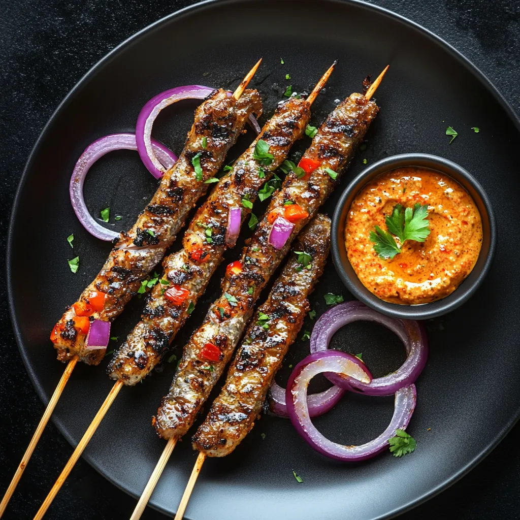 Glistening, charred sardines threaded on skewers, sprinkled with vibrant African spices rest on a minimalistic black plate. Red onions and vibrant red pepper slices intersperse the shimmering silver of the fish, their colors a stark contrast against the sophisticated monochrome. A bright golden spicy dip on the side offers a tantalizing hint of the heat within.