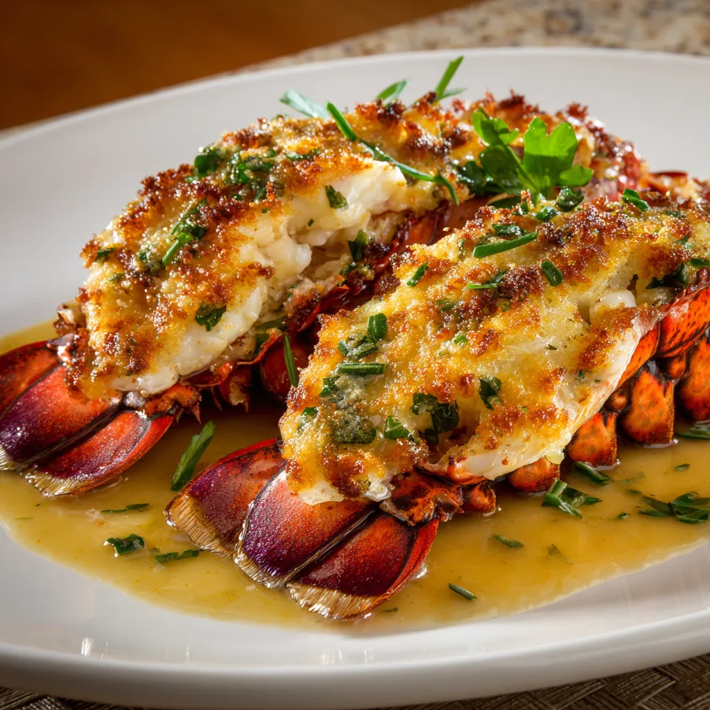 The golden, crisp, gruyere-crusted lobster takes center stage on a pristine white plate, its plump, creamy-fleshed meat peeking from a split-open, deep-red shell. Bits of fresh green tarragon add a spark of freshness to the luscious, glossy sauce that pools around the edges.