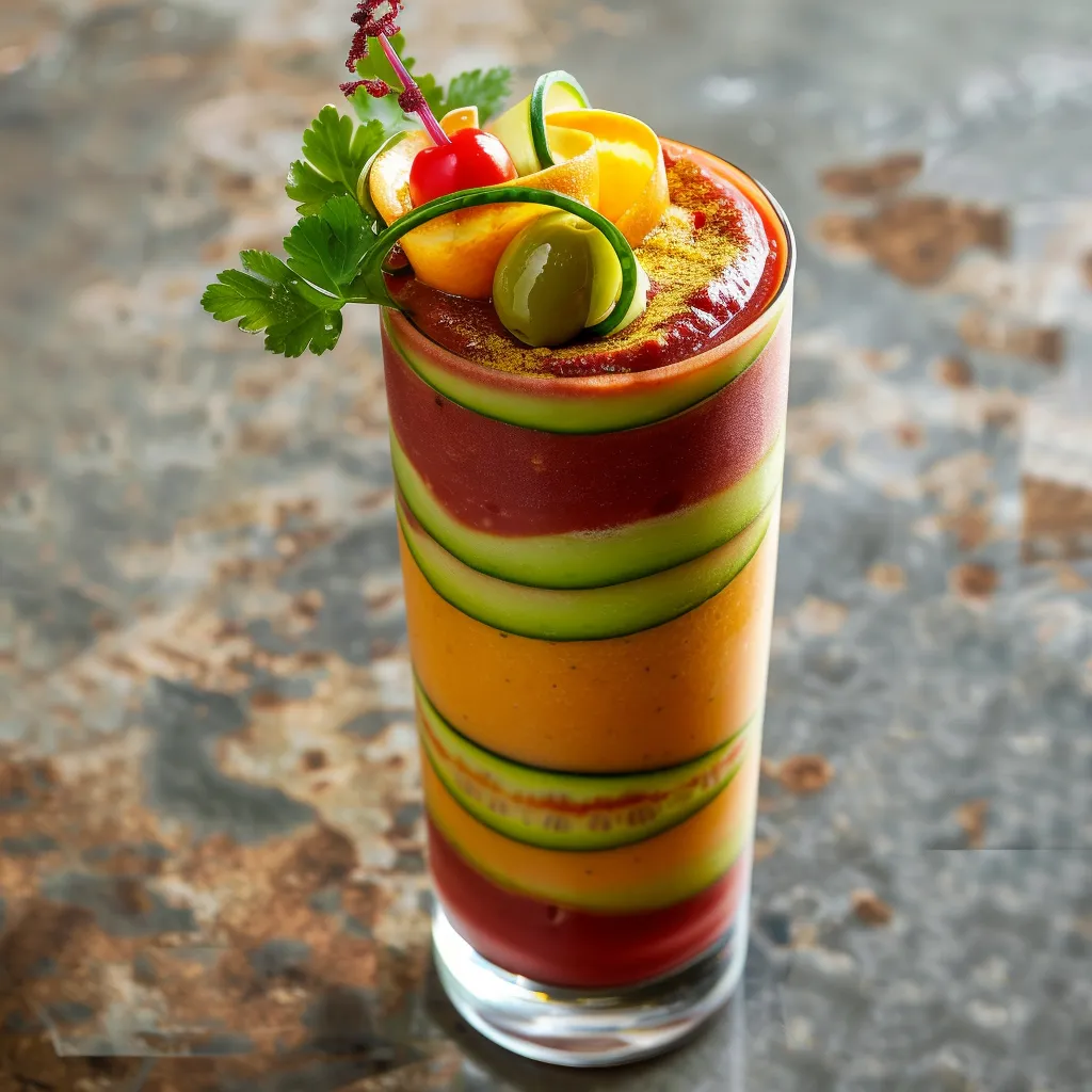 A layered blend of rich orange and deep red in a tall, frosted glass. Topped with a sprig of fresh cilantro and thin strips of deseeded cucumber peel spiralling inside. Garnished with a skewer of cherry tomato, olive, and an orange wedge impaled through it, flawlessly matching the colourful straw.