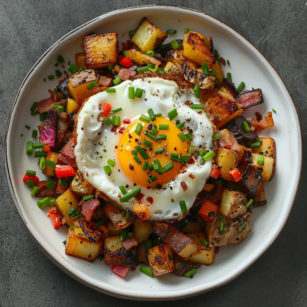 The dish is plated on a matte white dish, showcasing a colorful hash filled with finely diced black radishes, red and green bell peppers, crispy bacon bits, and perfectly golden-brown potatoes. On top, a slightly runny sunny-side-up egg rests, along with a sprinkle of vibrant green chopped chives.