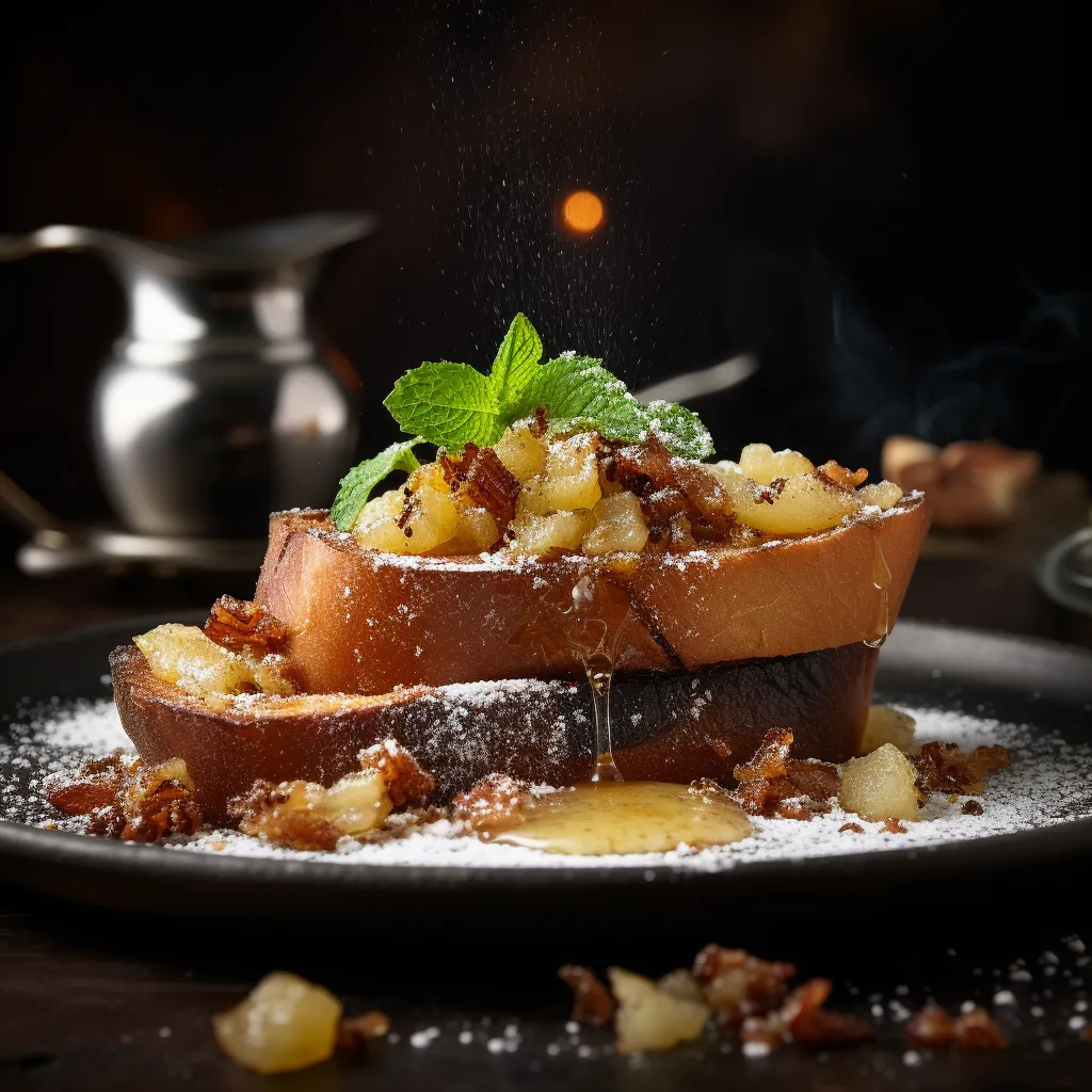 Golden-brown French Toast bathed in a shiny, amber-hued pear compote, garnished with glistening brown bacon crumbles and sprigs of mint. A light dusting of powdered sugar accentuates the toasts. It's a harmony of earthy tones and cozy contrast.