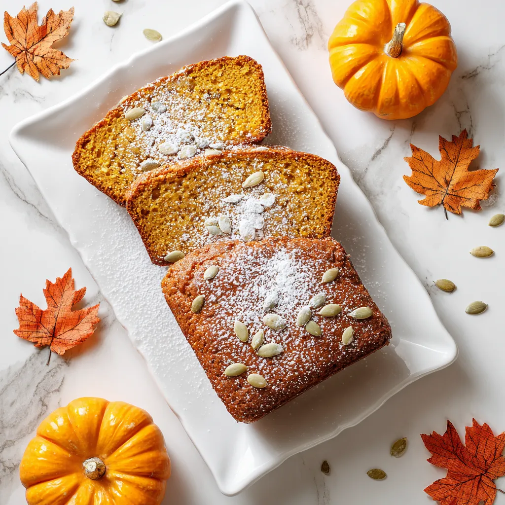 Brilliant orange slices of pumpkin bread dusted with powdered sugar. Toasted pumpkin seeds are scattered atop, imbuing a delightful rustic charm. It's elegantly positioned on a clean, white platter, surrounded by little decorative pumpkins and autumn leaves for the perfect seasonal aesthetic.