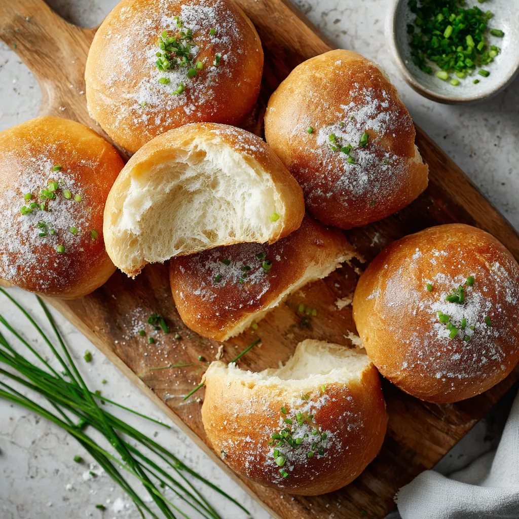 Golden-brown buns with a soft, fluffy interior, arranged on a wooden board with green chives scattered around. The buns have a dusting of flour on top, making them look rustic and homely. Half a bun is torn open to show the soft, pillowy texture inside.