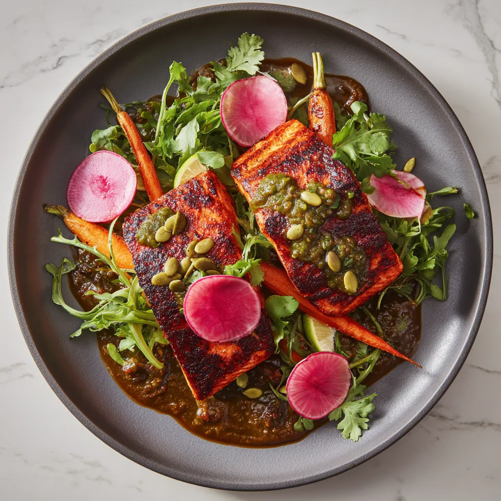 From above, two lacquered ancho-rubbed salmon fillets sit slightly off-center on a swoosh of deep red-brown pepita salsa macha, surrounded by blistered rainbow carrots and a loose tuft of glossy arugula tossed with lime. Toasted pumpkin seeds, thin radish slices, and scattered cilantro leaves create pops of green, pink, and gold against a matte ceramic plate.