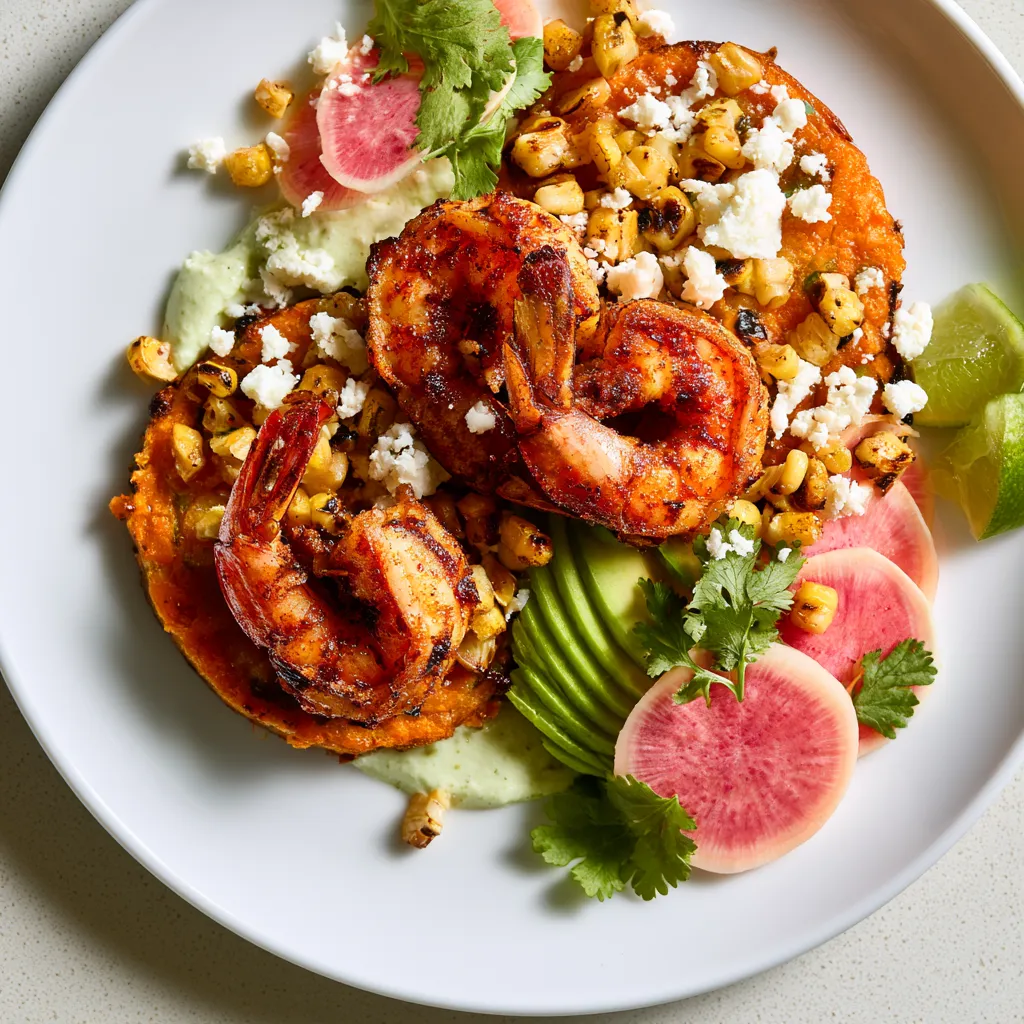 From above, two golden-brown rosti sit slightly overlapping on wide white plates, topped with curled chili-rubbed shrimp and scattered charred corn. A pale green poblano-yogurt swoosh peeks from underneath, while thin watermelon radish slices, avocado fans, cilantro leaves, and crumbled cotija create a vivid, polished mosaic with lime wedges at the edge.
