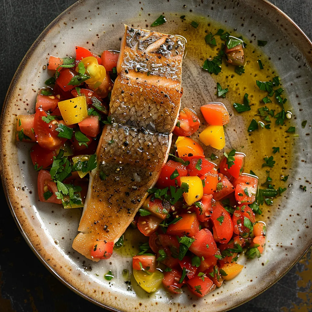 A sunny, seared trout fillet sits at the heart of the porcelain round plate. A jewel-colored tumble of fresh tomatoes and zesty citrus salsa creates a vibrant color palette around it. A scattering of chopped herbs adds the finishing touch to this bright, appetizing dish.