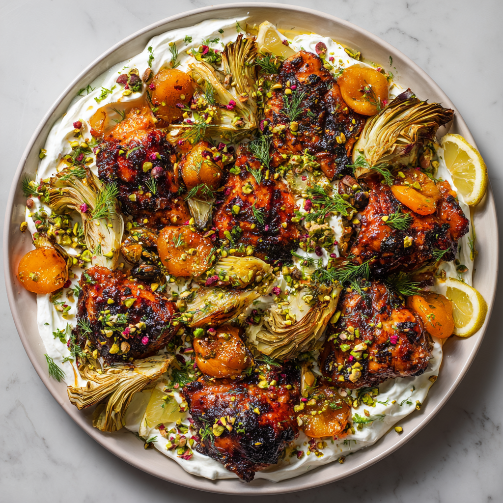 Apricot-Glazed BBQ Chicken with Charred Artichokes & Whipped Feta