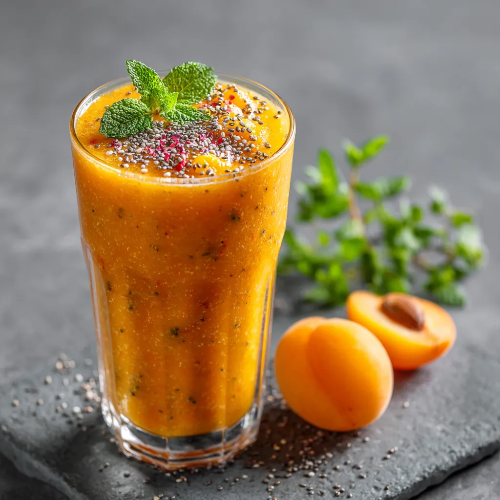 Imagine a vivid, deep orange smoothie, served in a tall, clear glass. Bits of apricot and lychee provide texture throughout, and a garnish of mint and sprinkle of chia seeds on the top create a pleasing, Instagram-worthy contrast.