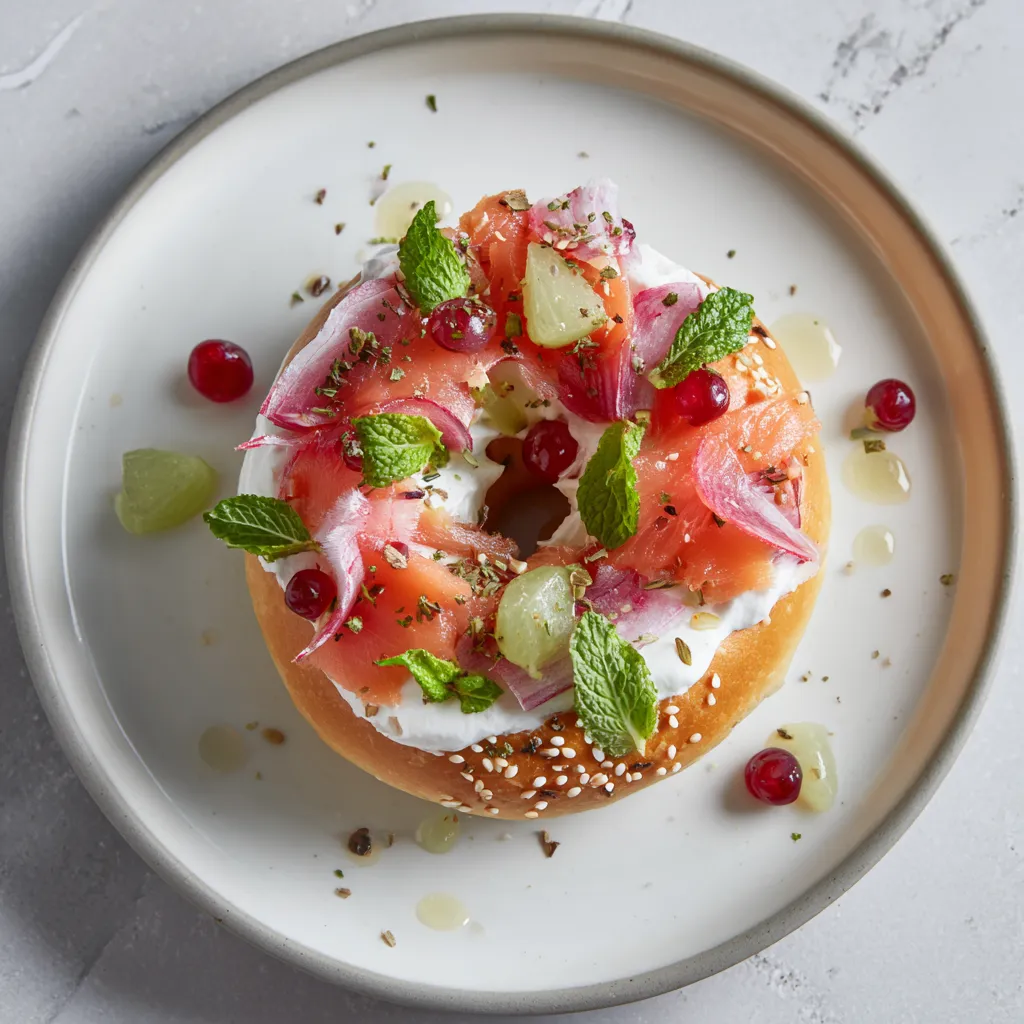 From above, a golden sesame-speckled donut half sits open-faced on a matte white plate, lavishly swirled with creamy white panna cotta ‘schmear,’ topped with silky ribbons of ruby strawberry ‘lox,’ tiny green grape ‘capers,’ translucent blush apple ‘onion,’ and delicate mint fronds. A few sesame seeds and glossy syrup dots complete the hyper-realistic New York deli look.