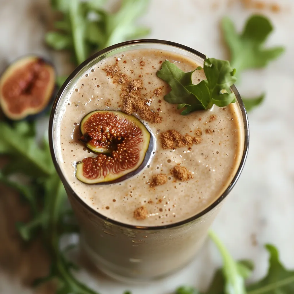A rich, earth tone smoothie in a tall glass garnished with finely sliced pieces of figs on top. Bright arugula leaves, a dusting of cinnamon, and a drizzle of tahini give it a luxurious, Instagram-worthy finish.