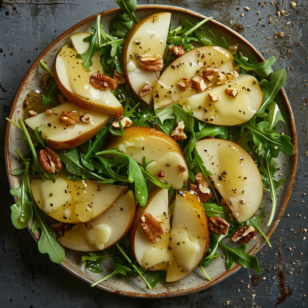A bounty of bold green arugula leaves are tossed loosely on the plate, creating an organic bed for the beautifully poached pears that gleam like jewel drops. Amidst the greens are perfectly wedge slices of creamy camembert, giving the salad a rustic charm. Light drizzles of bright wine-infused vinaigrette artfully streak across the plate with sprinklings of chopped walnuts and freshly ground black pepper as finishing touches.