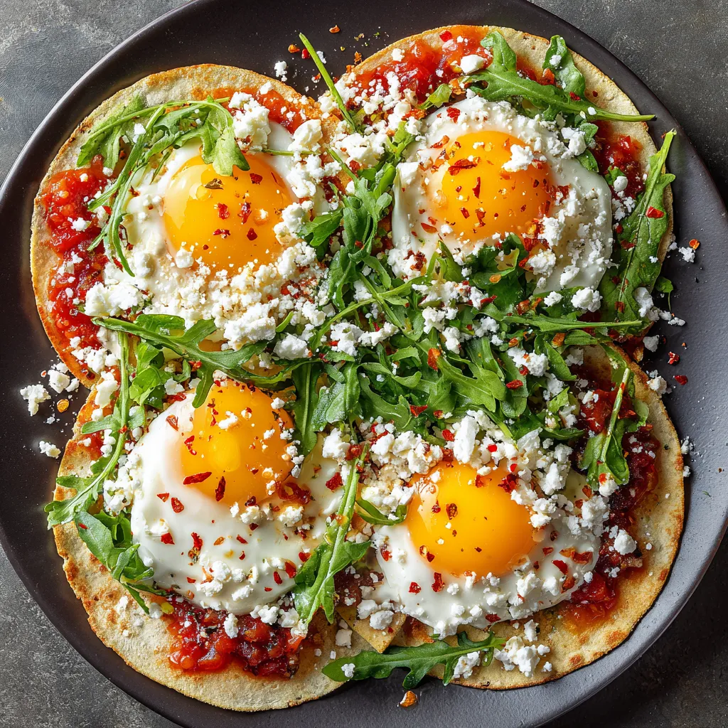 A vivid dish of crisp toasted tortilla circles, each crowned with a shiny sunlit yolk from the gently poached eggs. Brilliant green arugula leaves are scattered across the top, contrasting with a swirling layer of rich, smoky tomato salsa. Crumbled feta and a dusting of bright red chili flakes add a final tantalizing punch.