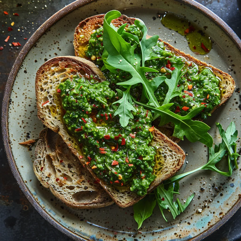 The dish exhibits a golden brown thick slice of warm multi-grain bread, generously topped with lush green peppery arugula pesto. A sprig of fresh arugula and a sprinkle of red chili flakes adds depth and contrast to this ⠀seasonal beauty.