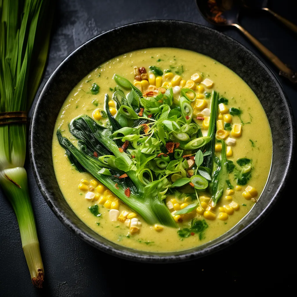 A dark ceramic bowl filled with a golden soup, garnished with green pak choi leaves, charred corn kernels, and finely sliced leeks. The steam dancing from the soup adds a cozy aura. A lime wedge on the side ready to be squeezed.