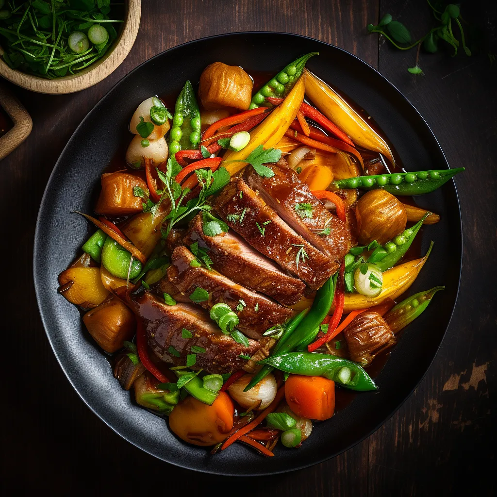 A beautifully arranged plate with tender braised pork, colorful summer vegetables, and a drizzle of savory sauce.