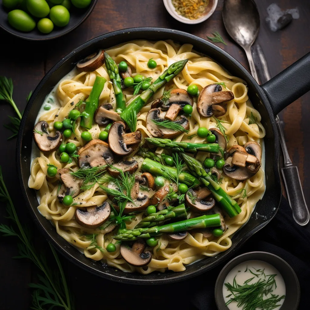 White pasta topped with a creamy sauce, and green asparagus slices and brown mushroom slivers.