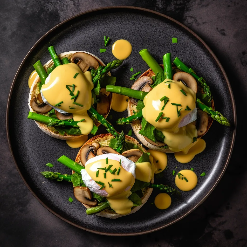 A perfectly poached egg with a bright yellow yolk sits on top of a buttery toasted English muffin topped with sautéed mushrooms and asparagus, fresh spinach and finished with a rich hollandaise sauce.