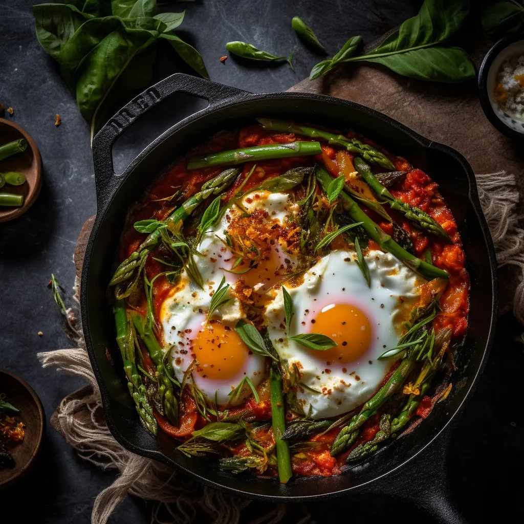 A colorful and vibrant dish featuring a bed of spicy tomato sauce with sautéed asparagus and ramps, topped with creamy burrata and runny eggs, garnished with fresh herbs and chili flakes.