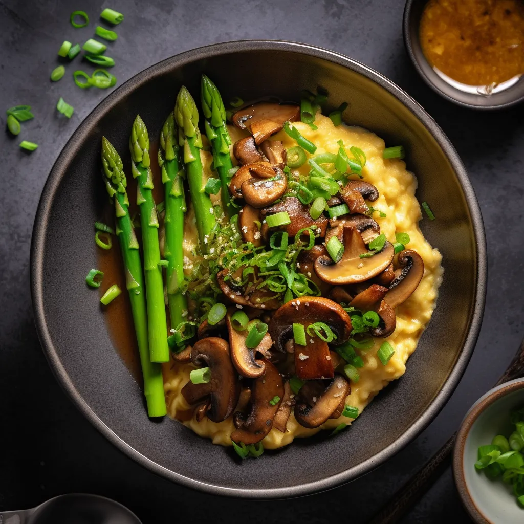 A plate with fluffy scrambled eggs mixed with sautéed asparagus, shiitake mushrooms, and scallions, topped with a drizzle of savory dashi broth.