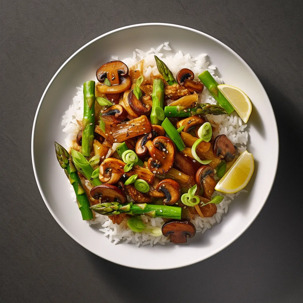 A colorful and vibrant combination of green asparagus and brown shiitake mushrooms over a bed of white jasmine rice.