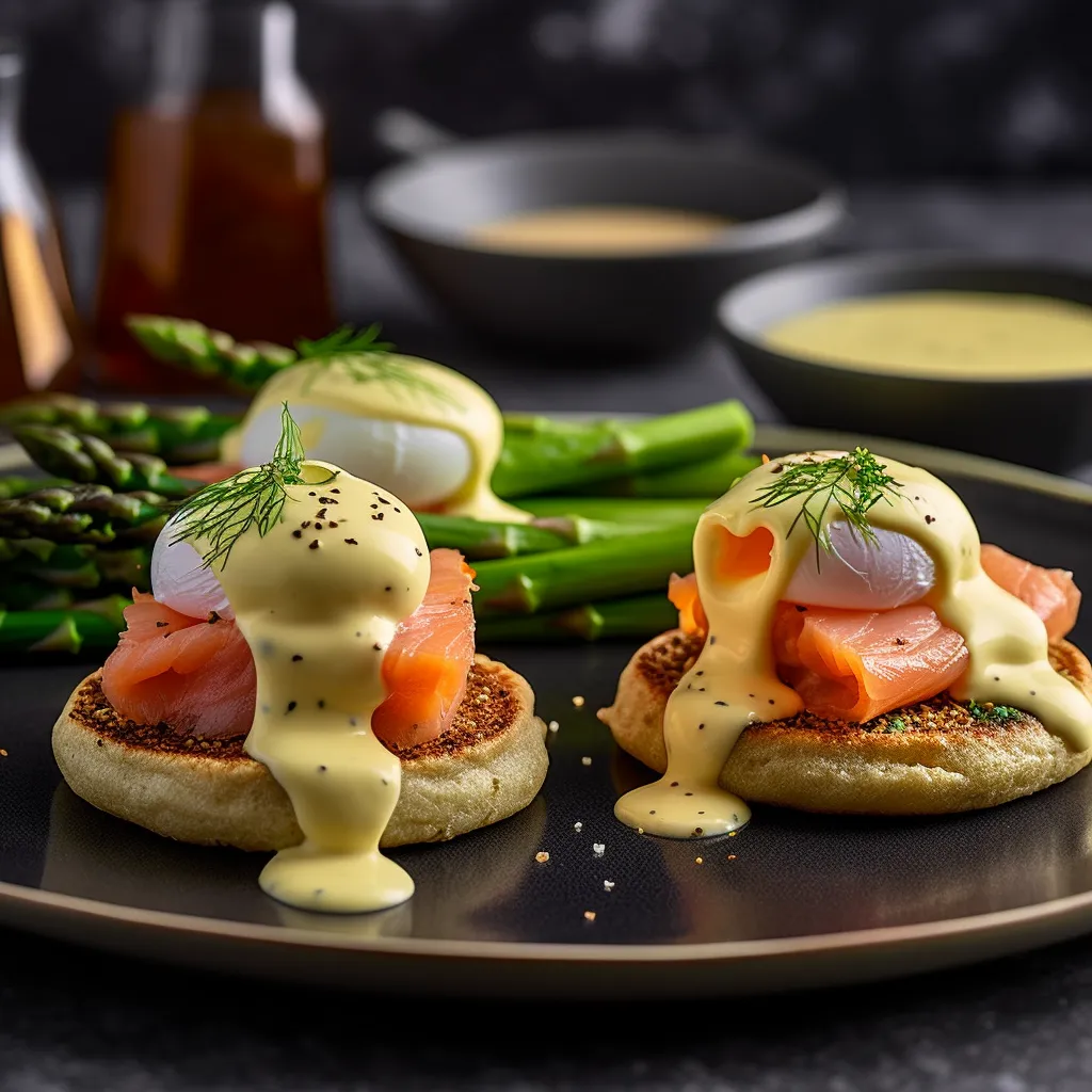 Two toasted muffin halves topped with smoked salmon, steamed asparagus, poached eggs and a rich hollandaise sauce.