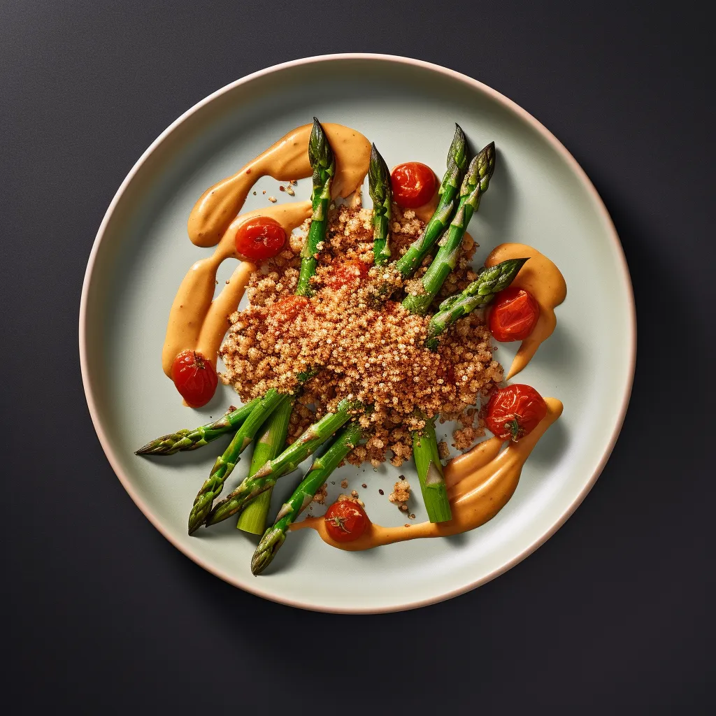 A bright and colorful plate with tender, roasted asparagus in a tangy tomato sauce, sprinkled with quinoa.