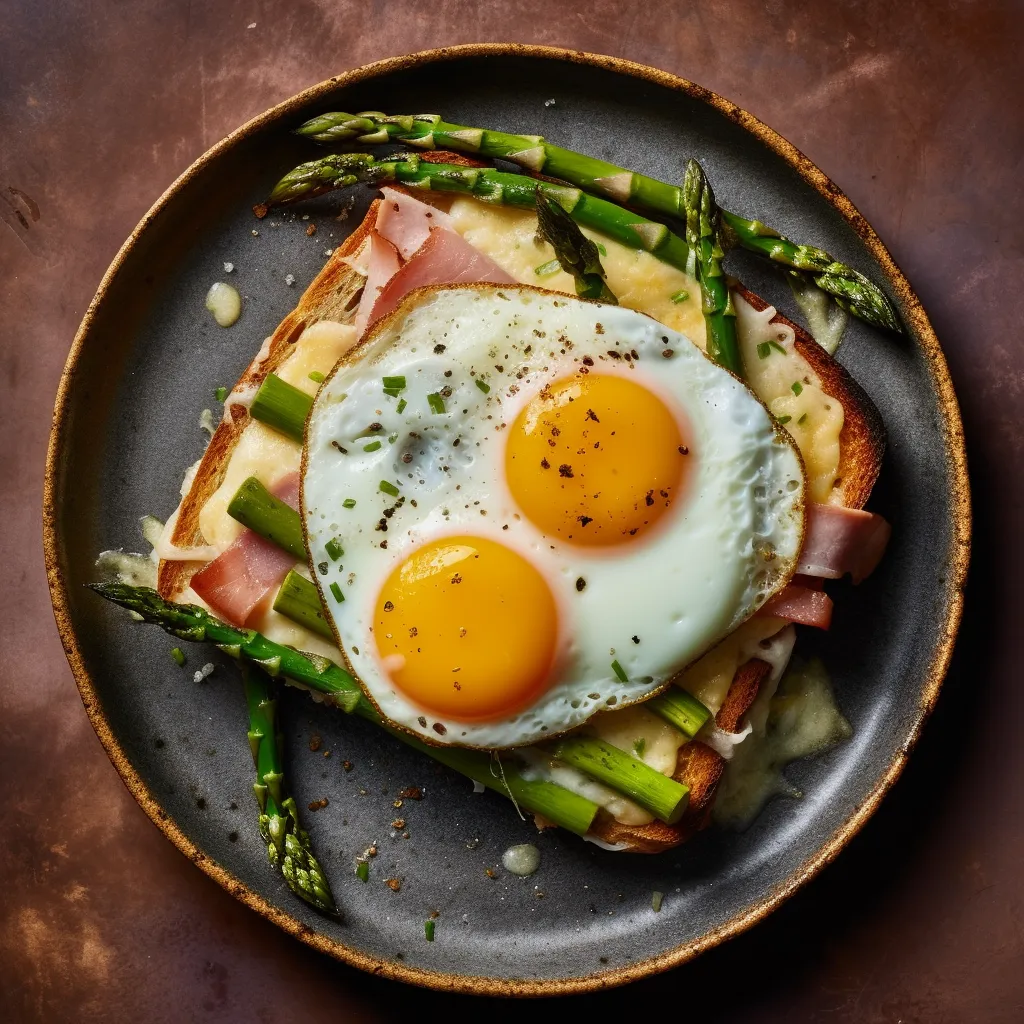 This dish features two slices of toasted bread topped with fresh asparagus, ham, and a sunny egg each. The Bechamel sauce is evenly spread over the assembled toasts, while some extra asparagus spears on the side add color and freshness.