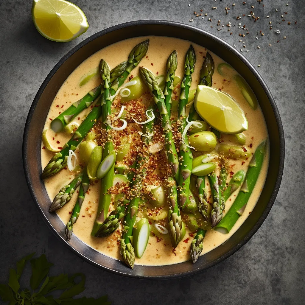 Bright green asparagus spears in a creamy yellow sauce with specks of warm spices.