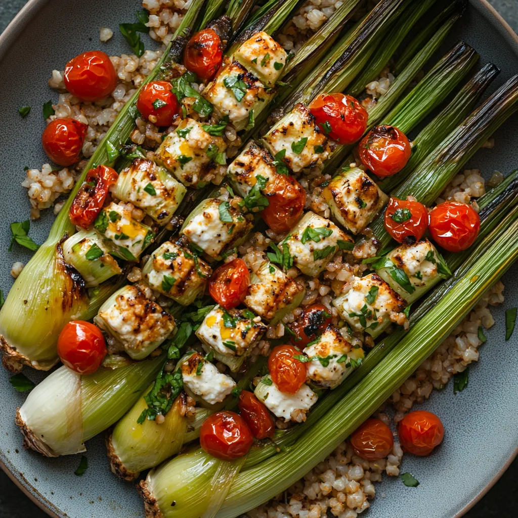 A beautiful sight: succulent, bright green, grilled leeks filled with creamy, white feta, arranged in a sunburst pattern on a rustic swath of toasted farro. The finishing touch is a dazzling salsa made of ruby red cherry tomatoes, dotted with emerald-green, freshly chopped herbs.