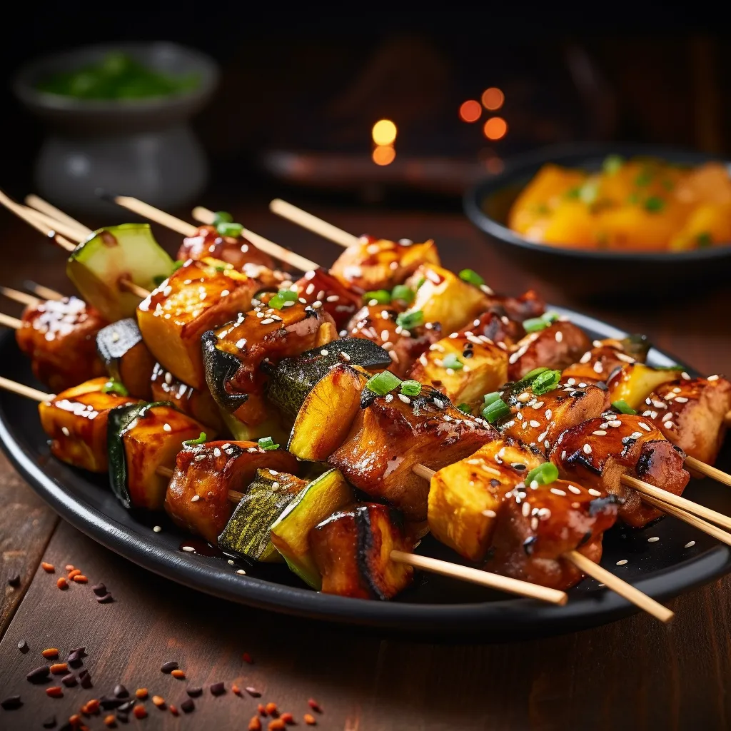 Four skewers lay on a rectangular ceramic dish, each lined with chunks of chicken and squash, painted with a glossy, lightly charred sauce. The vibrant orange squash contrast with the caramel brown chicken, and some finely chopped green spring onions sprinkle on top for a pop of freshness and color.