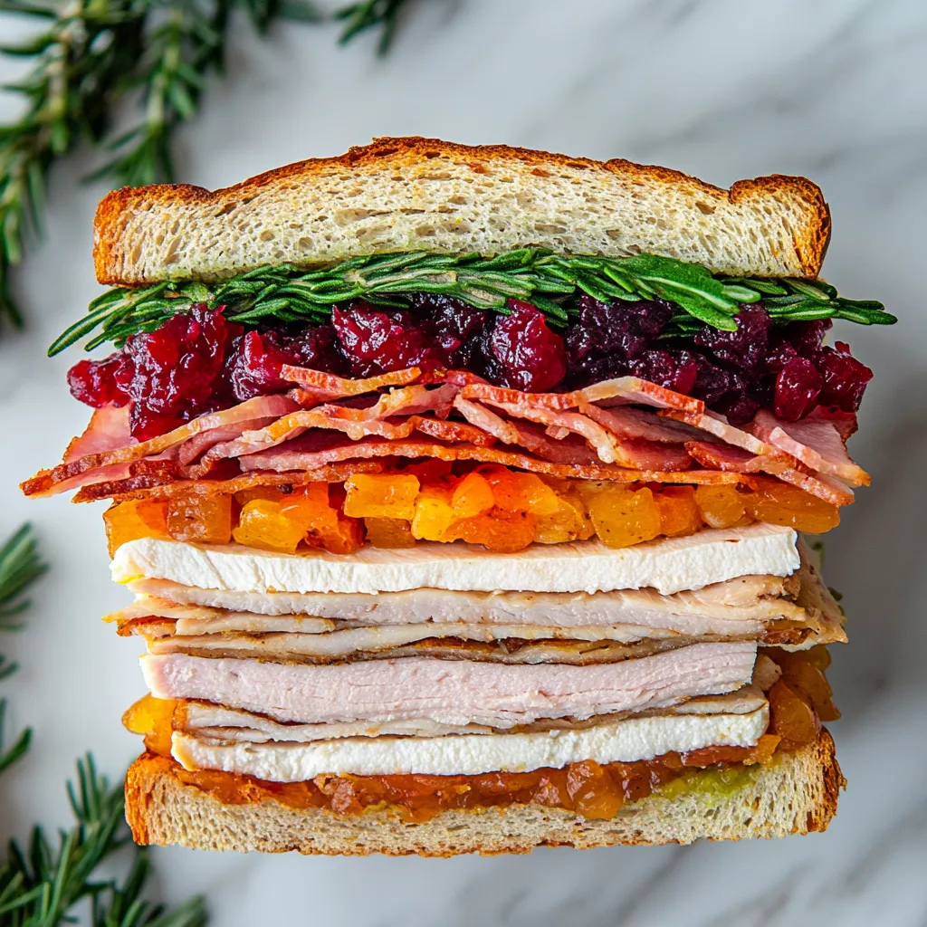 This is an upright sandwich with layers that create a rainbow of fall colors when viewed from above. From the cranberry-red of the chutney to the pink tones of the roasted turkey, white of the Brie, and deep crispy brown of bacon, it is an appetizing feast for the eyes and the palate.