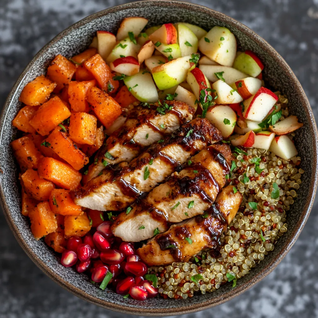 From above, it's a vibrant display of colors, textures and smells. Beautifully glazed chicken appears delicately nestled upon a bed of hearty quinoa. The golden roasted carrots and the red and green diced apples create a colorful contrast. Glittering pomegranate arils and toasted almond slivers scattered over the dish adds a touch of festive glamour.