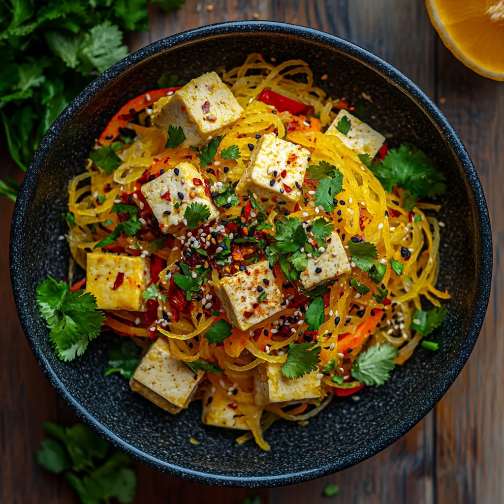 Vibrant arranged squash strands, tofu and seasonal veggies are peeking through a scattering of herbaceous cilantro and mint with spicy chili pepper accents. The dish is illuminated by soft lamplight, highlighting the tantalizing freshness and warmth it brings.