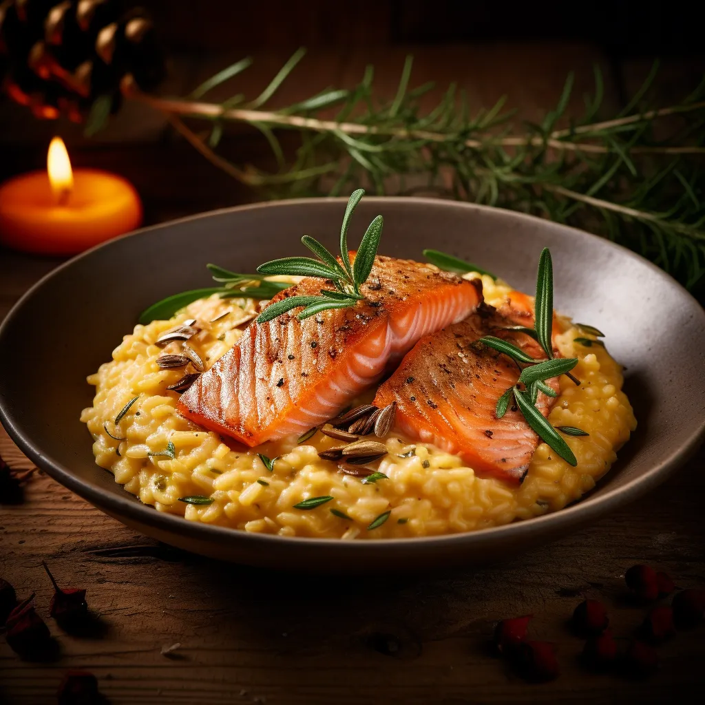 A beautiful creamy orange risotto generously studded with flakes of pink trout, garnished with a sprig of fresh rosemary on top and a scattering of shredded parmesan. The plate rests on a rustic wooden board, with autumnal colors in the background, making the dish pop.