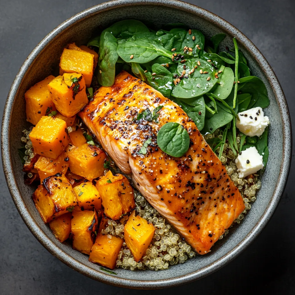 A vivid presentation in a bowl, with the flaky, honey-glazed salmon resting on a bed of fluffy quinoa and roasted vegetables, the bright oranges and yellows from the butternut squash pepping up the grey-grain texture. The bowl is garnished with a handful of crisp yet shiny greens of baby spinach and a sprinkle of creamy feta cheese, imparting a mosaic of vibrant colors topped with a drizzle of the glossy, rich tahini dressing.