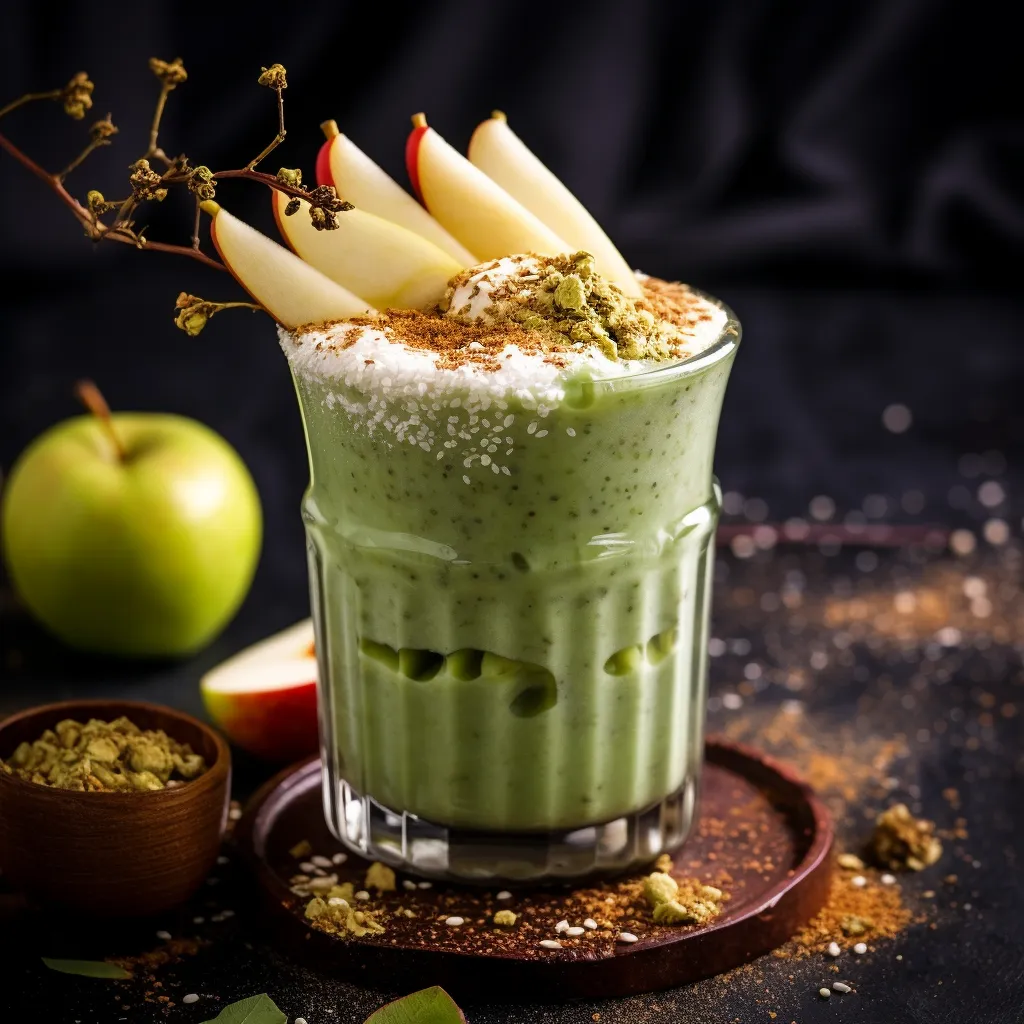 The smoothie presents a light green color, thanks to the matcha powder. It's served in a clear glass revealing layers of gradation. There are chunks of pear and apple on top along with a delicate sprinkle of chia seeds. The rim of the glass is decorated with a thin slice of lime for a pop of color.