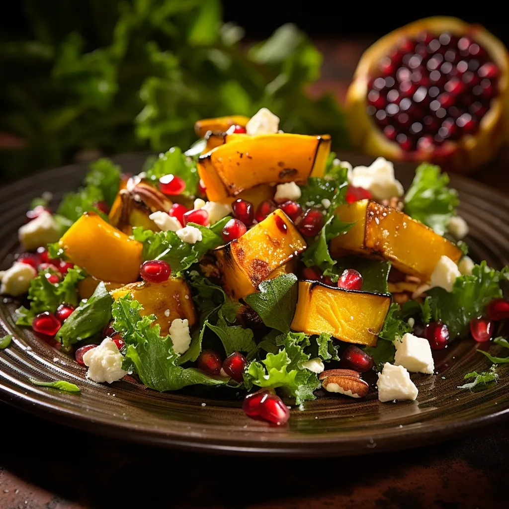 A vibrant bed of mixed greens, topped with golden chunks of roasted squash. Small white crumbles of feta cheese are scattered amongst shiny pomegranate seeds, all glistening under a glossy red drizzle of pomegranate molasses. Two sail-like orange slices are perched at the edge of the salad, suggesting a splash of citrus brightness.