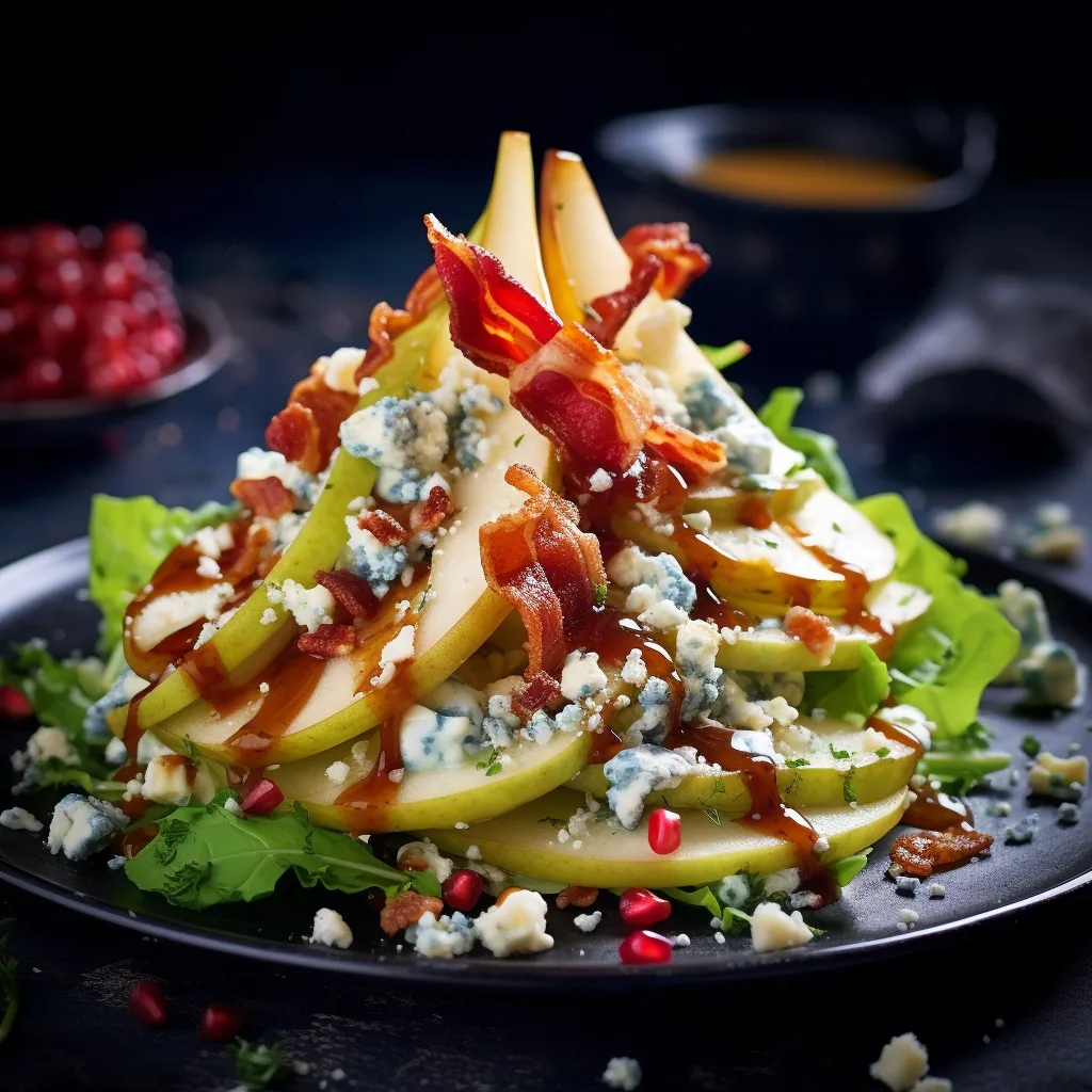 Glistening pear slices artfully distributed among vibrant, fresh lettuce. Crumbled bleu cheese scattered like fallen snow, with subtle red pomegranate arils peeking through. Crispy bacon pieces add their unique rustic touch. Everything is drizzled with a honey-lemon dressing with sesame seeds bobbing on top.