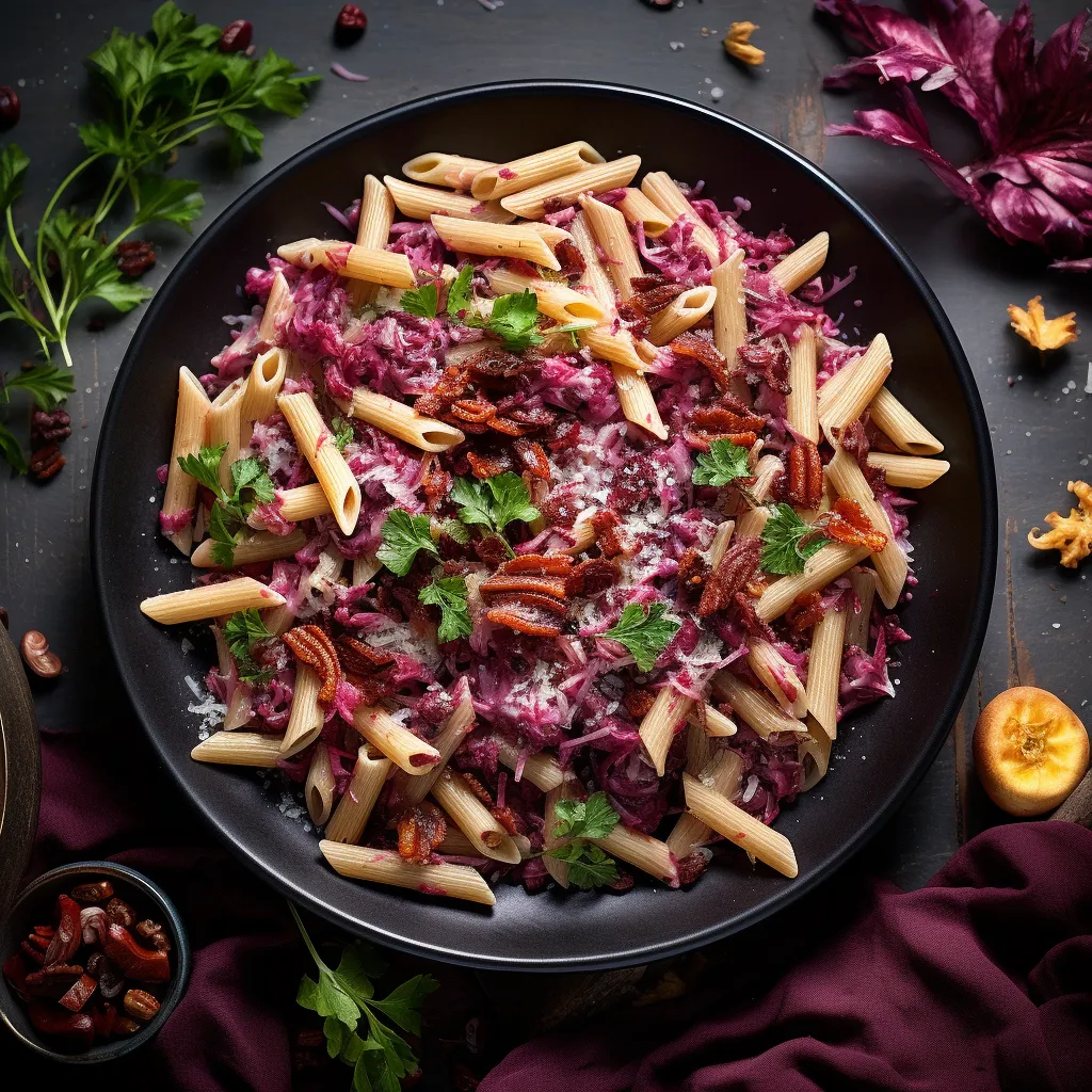 Viewing from above, you see a bed of neatly twirled penne nested in the center of the plate, tossed with a vibrant mix of dark purple radicchio, specks of brown crispy pancetta, and creamy chunks of gorgonzola. A gentle sprinkle of chopped parsley highlights the colors, sided by a golden toasted garlic bread slice.