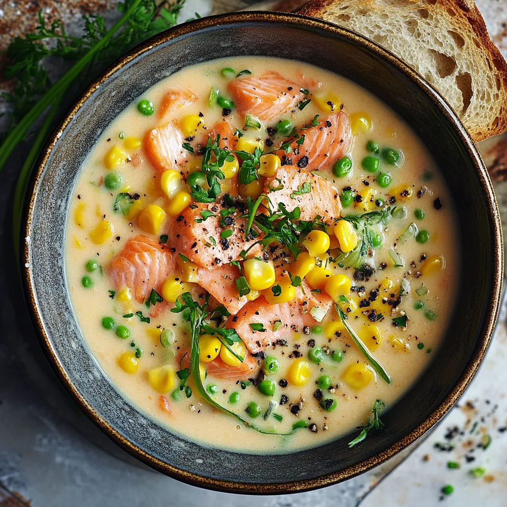 This cosy bowl features an enticing medley of colors. Caramel-colored soup base with pink salmon morsels peeping through, topped with a sprinkle of vibrant green spring onions and mild yellow corn kernels. A slice of crusty bread on the side completes the picture.