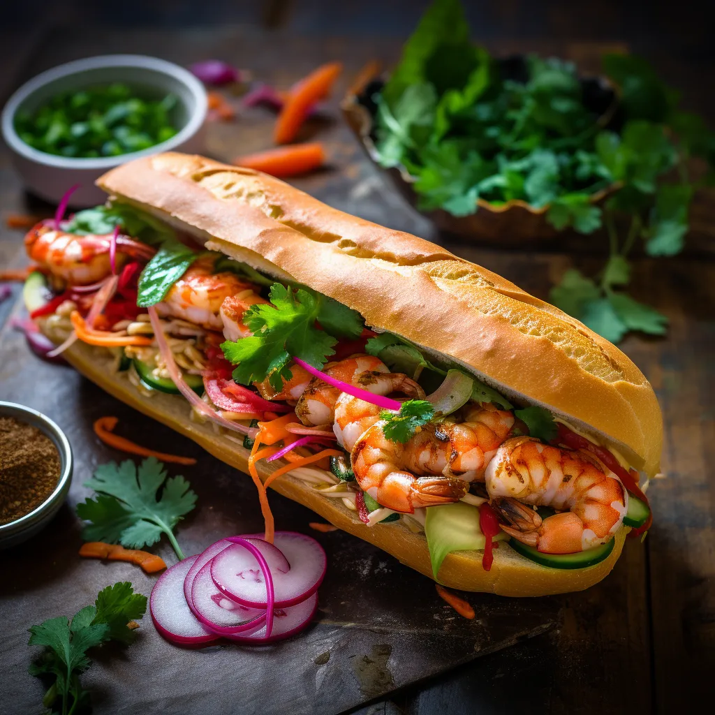 A vibrant and chic Sandwich decked with pinkish, plump shrimp peeking out from a crispy, golden-brown baguette. The open side showcases layers of fresh greens, bright pickled veggies and a tantalizing drizzle of creamy, orangey dressing.