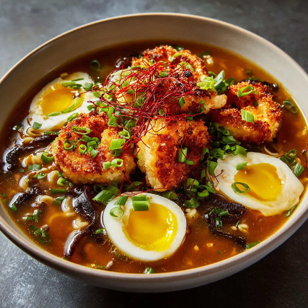 The warm, amber broth gleaming under soft lighting fills most of the bowl, contrasting with the hearty cap of golden, crunchy shrimp toast floating in the center. Bright red chili threads, dark green chopped chives, and a swirl of whites and yellows from the perfectly soft-boiled eggs paint a vibrant feast for the eyes.
