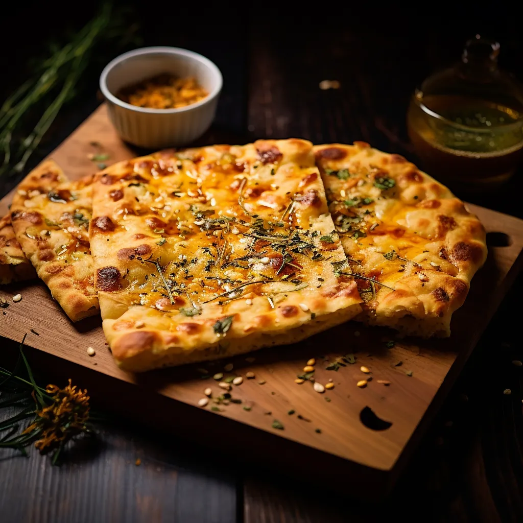 The bread is golden brown with specks of green thyme embedded into the surface. It’s scattered with slight dashes of white salt, contrasting with the deep hues. The flatbread is arranged on a rustic wooden board, serving as a canvas to the bread's bold visual appeal. The edges have a slight crunch, reflecting the light, and the center - soft and warm. It's sliced into even wedges, exuding a warm and inviting autumn aesthetic.