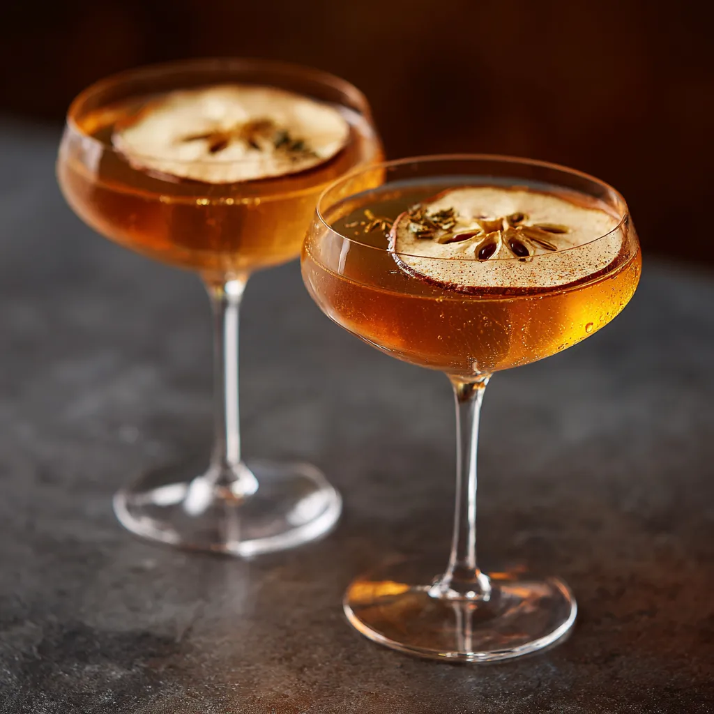 A pair of champagne glasses filled to the brim with the opalescent amber cocktail, adorned with a slice of dried apple. Nutmeg is dusted gently on top, laying a delicate veil of spice over the captivating liquid. The glasses reflect the warm tones of the drink, enhancing the sense of autumn.